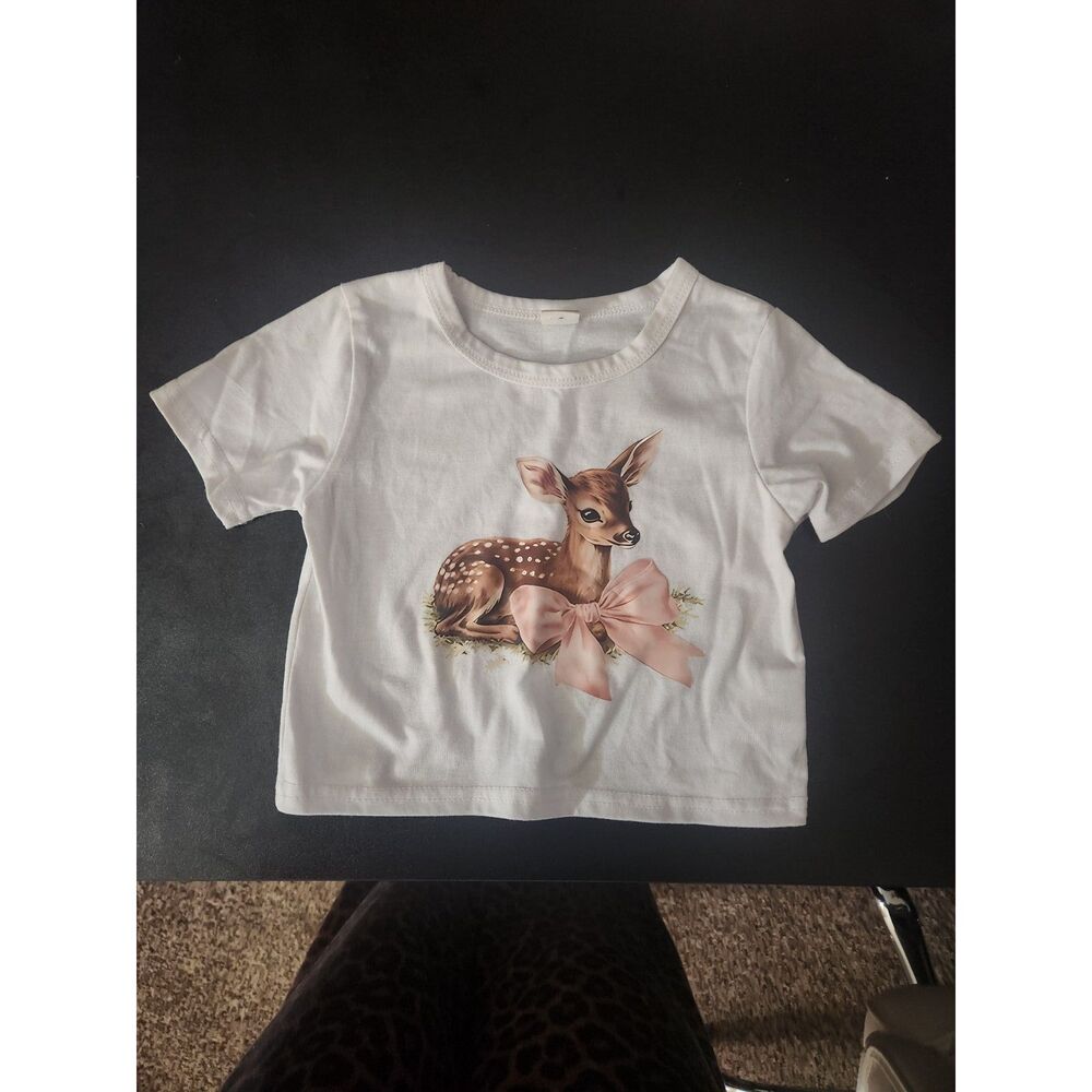 SHEIN Baby Girl 6-9M White Fawn Deer Pink Bow Graphic Short Sleeve T-Shirt